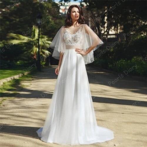 Elegant Batwing Sleeves Wedding Dresses 2021 Vestido De Noiva Illusion Lace A Line Bridal Gown Beach Tulle Backless Bride Dress