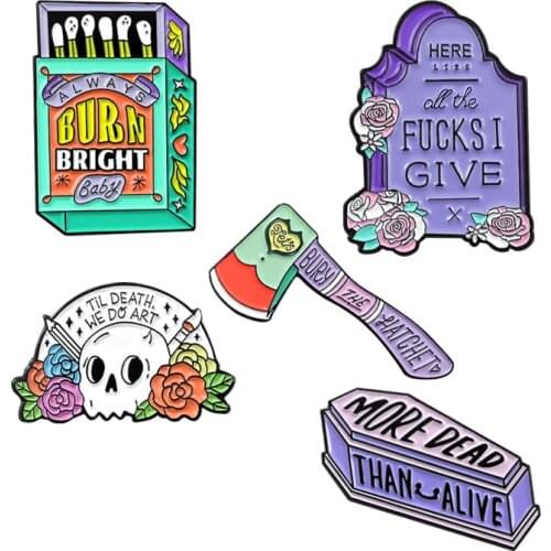Gothic Love Axe Match Coffin Flowers Horror Spooky Tombstone Skeleton Enamel Jewelry Brooch Exotic Shirt Backpack Lapel Pin Gift