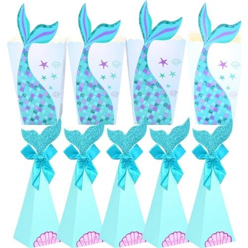 10Pcs Mermaid Tail Popcorn Boxes Girls Mermaid Theme Birthday Party Paperboard Candy Box For Kids Birthday Baby Shower Gifts Box