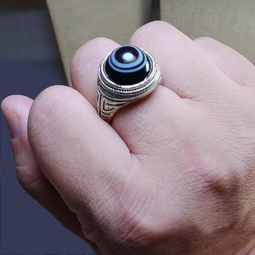 Natural texture dzi agate ring with 925 sterling silver for men jewelry rings 925 ring natural stone jewelry