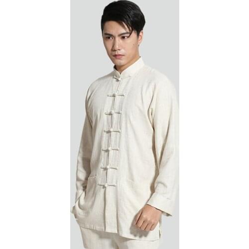 Chinese Mens Solid Cotton Linen Kung Fu Suit Long Sleeve Wu Shu Tai Chi Sets Thin Buddhist beige Clothes New Arrival