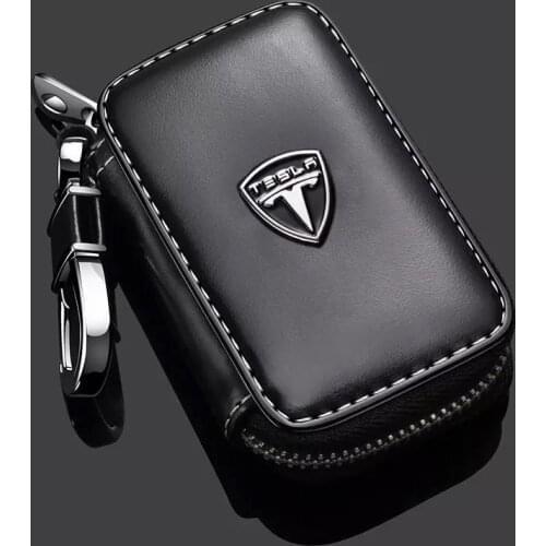 Leather Car Logo Key Case Cover Remote Holder Shell Bag Keychain For Tesla Model 3 Y S X Car Accessories