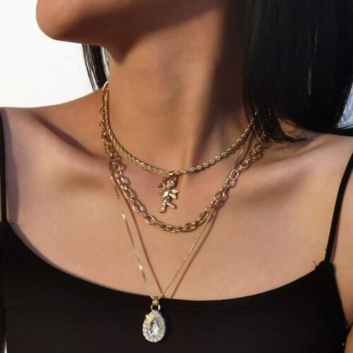 Creative Fashion Cupid Angel Necklace Multilayer Crystal Water Drop Trendy Necklace Jewelry Gifts