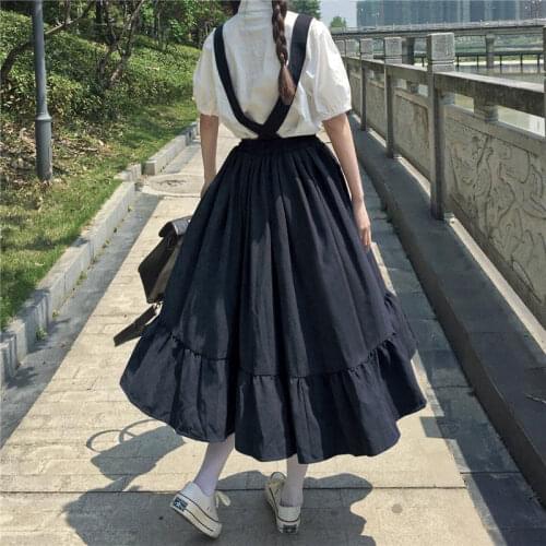 Midi Skirt For Women Spring Summer Japanese Style Kawaii Lolita Skirt Teens Soft Girl High Waist Ruffles Suspender Skirts Rok Jk