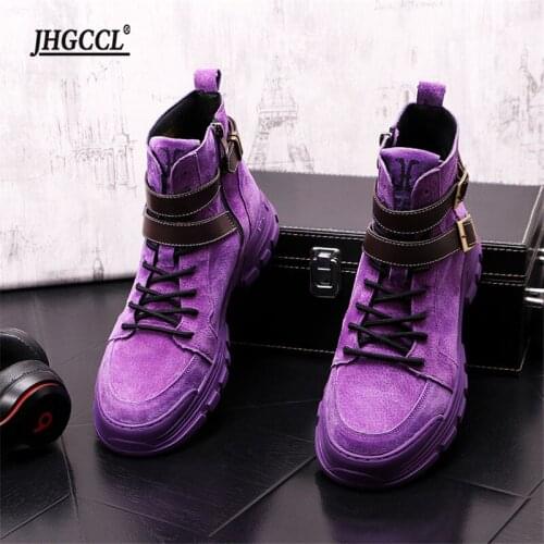 NEW purple Fashion Nubuck Leather Men Martin Shoes Purple Punk Motorcycle Ankle Boots Zapatillas Hombre A1