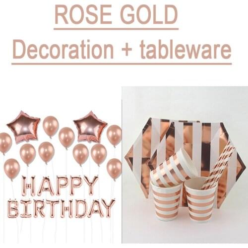 Pink Gold Happy Birthday Party Decoration & Tableware Sets 18 inch Star & 16inch Birthday Foil Balloons Paper Plates Cups Straws