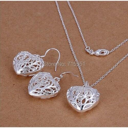New, trendy jewelry, Silver jewelry, silver plated necklace + earrings jewelry set , heart charm set,wedding jewelry set