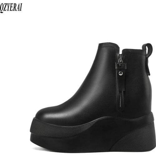 Japan New winter ankle Women boots Genuine leather wedge Fashion boots Chelsea boots black Women shoes Waterproof Taiwan