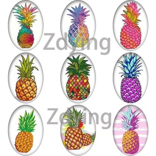 Zdying Watercolor Pineapple Fruits Leaves Oval Shape Glass Photo Cabochons Beads Demo Flat Back DIY Making Jewelry Findings