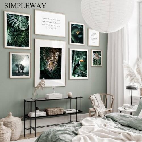Nature Forest Animal Canvas Wall Print Tropical Plant Leaf Art Painting Leopard Elephant Poster Modern Home Decoration Picture