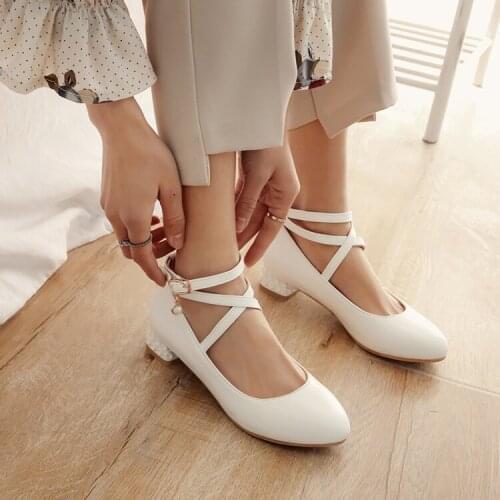 PXELENA Sweet Women Low Heels Shoes Cross tied Round Toe Pearl Casual Comfort School Dance Pumps Girls Black White Pink 34-43