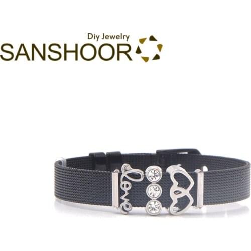 SANSHOOR 21cm Dark Color Bracelet Series with Love Sparkling Trio Double Heart Slide Charms Vintage Woman Wrapband Gift 1 Set