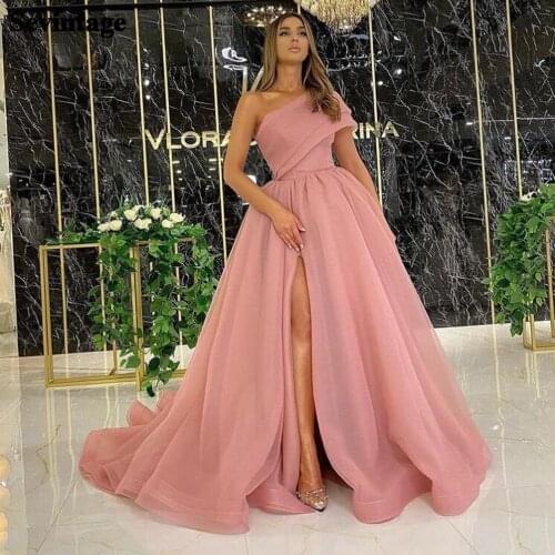 Sevintage Pink One Shoulder Prom Party Gowns High Slit A Line Evening Dress Plus Size Formal Women Special Occasion Dresses 2021