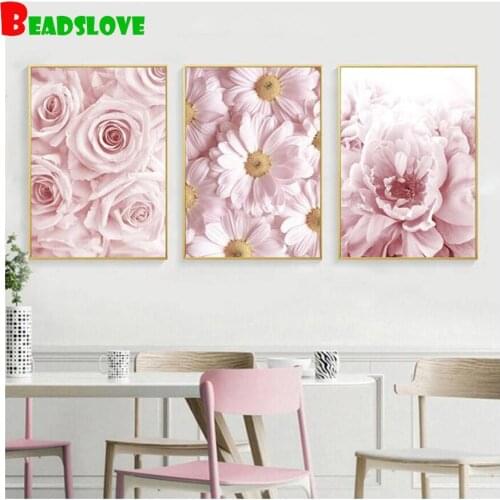 Triptych Diamond embroidery Pink Peony Rose Flower Plant 3 piece Diamond painting full drill square round Diamond mosaic set