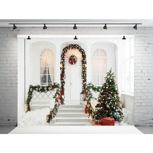 "VinylBDS 7x5ft White Christmas Photography Backdrop Door Background Photography Backdrops Tree Photo Backdrop "