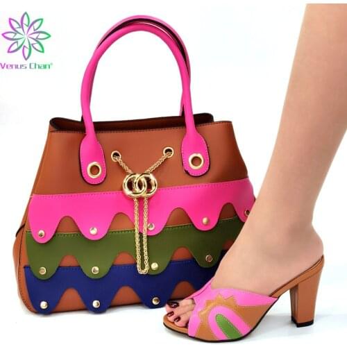 High Quality Casual Slingbacks Decorate with Rhinestone Sandals in Brown Color For Wedding Italian Women Shoes and Bag Set