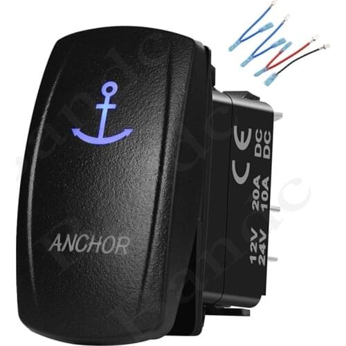 Anchor Momentary Rocker Switch 7P DPDT (ON)-OFF-ON Dual Blue Led Lights for Car Boat Caravan Camper, Auto Accessory, Jumper Wire