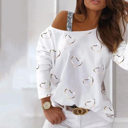 Spring Autumn Women Long Sleeve Fashion Friends Streetwear Heart Pattern Sequins Cold Shoulder Harajuku Oversized Femme T-Shirts