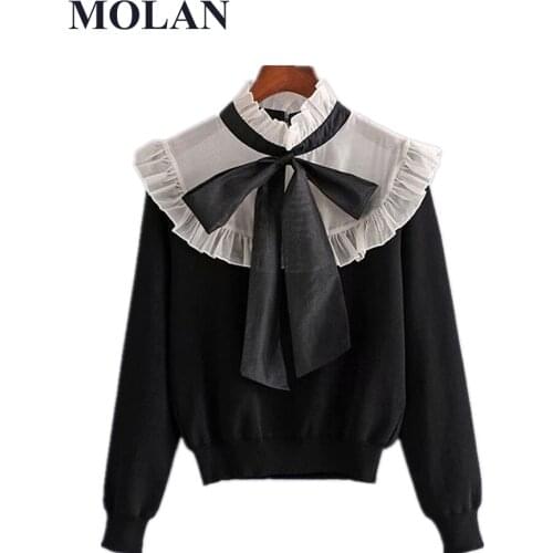 Women Fashion Pullovers 2021 Cute Organza Patchwork Ruffled Vintage High Collar Bow Tied Knitted Sweater Female Chic Tops