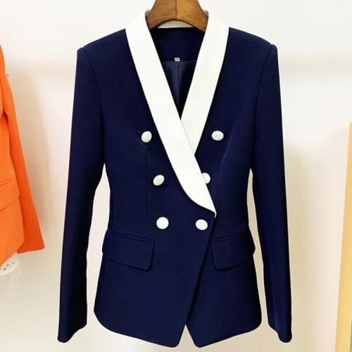 Navy Blue Women Jacket Coat Fashion Metal Buckle Double Breasted Long Sleeve Slim Shawl Collar Work Business Suit Blazer Women