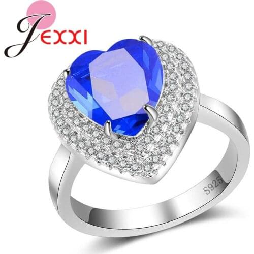 Valentines Day Authentic 925 Sterling Silver Clear Blue Heart Crystal CZ Finger Rings for Women Original Jewelry