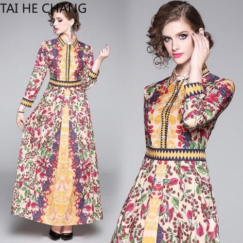 Women Dress New Fashion Retro Spring Summer Elegant Slim Bodycon Vintage Party Runway Print Shirt Office Work Maxi Dresses