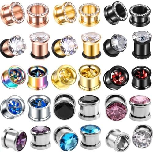 1Pair Stainelss Steel Crystal Ear Gauge Plugs And Tunnel Flesh 6-20mm Gold Tunnel Ear Plug Fan Steel Ear Plug Stretcher Expander