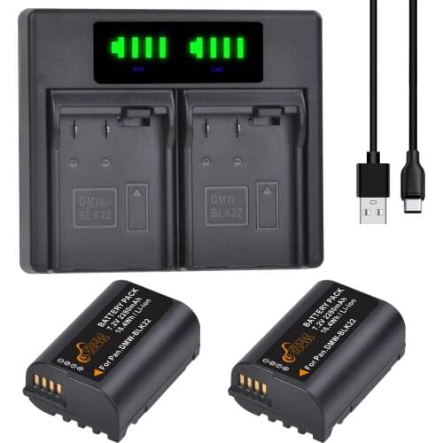 2280mAh DMW-BLK22 Camera Battery + LED Dual USB Charger for Panasonic Lumix DC-S5 DC-S5K