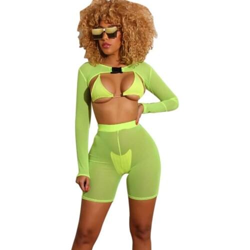 4 Piece Swimsuit Women Micro Bikini Set Beach Cover Up See Through Mesh Crop Top and Shorts Swimwear Brazilian Bathers Biquini