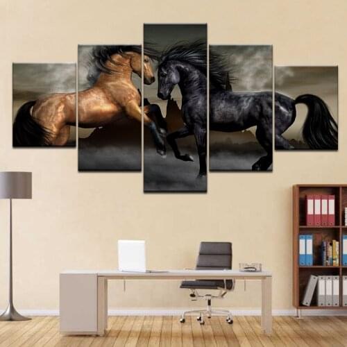 5PCS Black Brown Horse Canvas Prints animal modern wall posters Canvas Art Painting For home living room decoration