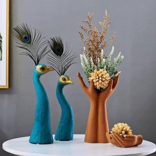 European Ceramic Peacock Hand Vase Statue Ornaments Decoration Fengshui Home Livingroom Desk Holding Flowers Figurines Crafts