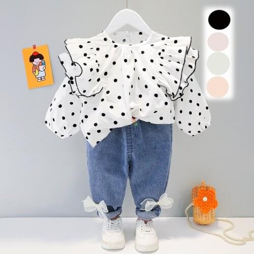 Kids Baby Toddler Girl 2PCS Clothes Set Polka Dot Round Collar Long Sleeve T-Shirt + Jeans Pocket Embroidery Outfits 6 M-4 Year