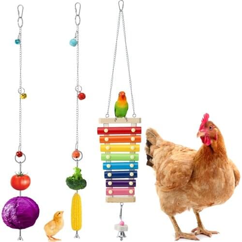 Chicken Toys for Coop,Suspensible Wood Xylophone Toy for Hens with 8 Metal Keys,Vegetable Fruit Hanging Feeder,Grinding Stone