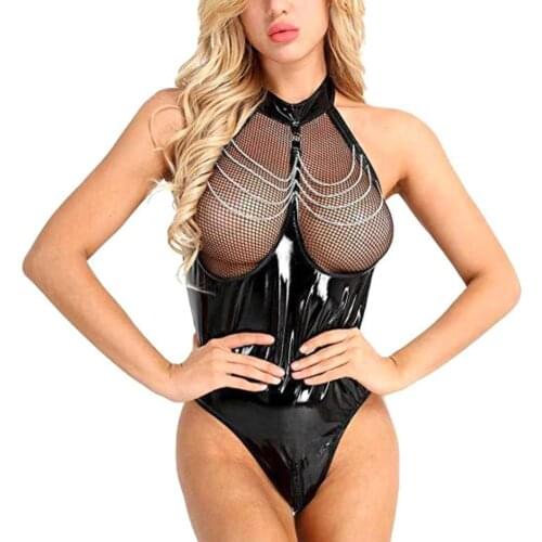 Womens Shiny Leather Bodysuit Leotard Zipper Crotch Thong Catsuit Clubwear Sexy Hollow Zipper Crotch Bodysuit Leotard Clubwear