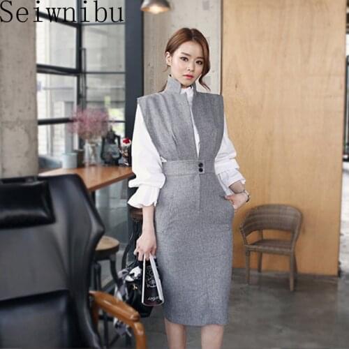 Autumn 2 Pieces Suit Dress Women Sets Full Flare Sleeve Ruffles White Blouse Top High Waist Slim Bodycon Pencil Midi Office Work
