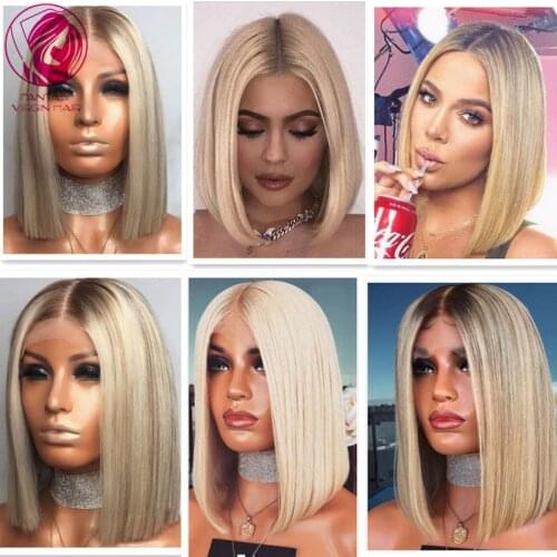 Short Bob Straight Lace Front Wig Ombre Platinum Blonde Ash Highlights 613 Grey Virgin Hair Natural Human Hair Frontal Wigs 13x1