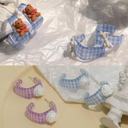Sweet Blue Grid Bowknot Bear Flower Earrings for Women Cute Handmade Unique Design Korea Fashion Acrylic Jewelry 2021 Trend