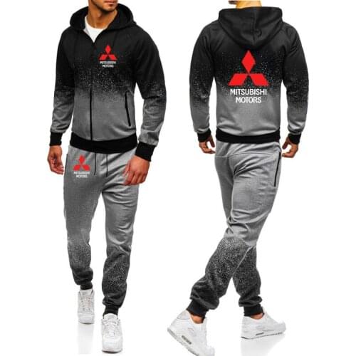 2021 Hoodies Men Mitsubishi Car Logo Print Casual Harajuku Gradient color Hooded Fleece zipper Jacket Sweatshirt Sweatpants Suit