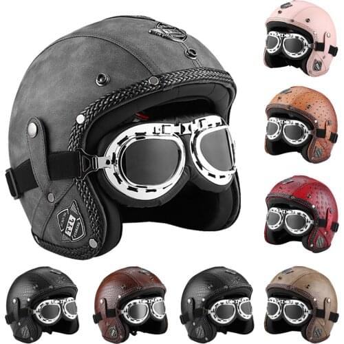 German Vintage Open Face Motorcycle Helmet Cafe Racer Retro PU Leather Motocross Scooter Jet Casco With Goggle Moto Capacete