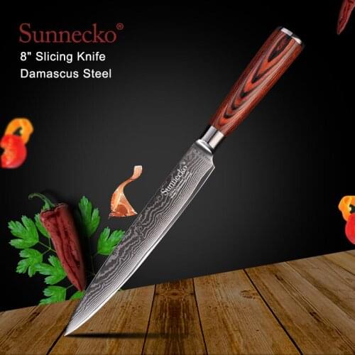 SUNNECKO Premium 8'' Slicing Knife Damascus VG10 Steel Japanese Chef Kitchen Knives Pakka Wood Handle Sharp Meat Cutting Tools