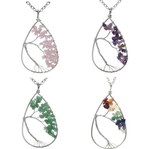 Handmade Silvertone Copper Wire Necklace Crushed Stone Life Tree Water Drop Natural Stone Pendant Chark With 20inch Chain