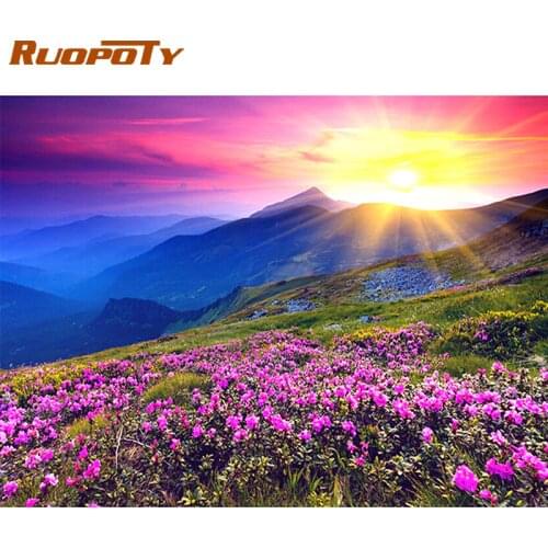 RUOPOTY Frame Diy Painting By Numbers Kits Sunset Mountain Coloring By Numbers Acrylic Canvas Painting Drawing By Numbers Art