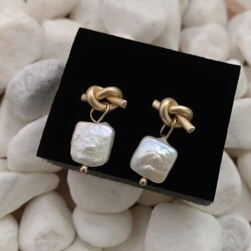 Stud Earrings S925 Retro Irregular Square Pearl French Metallic Earrings Niche Fashion Trend Temperament Elegant Wedding Dating