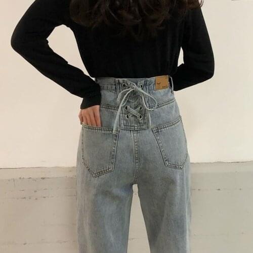 Streetwear Women Jeans Vintage High Waist Bandage Jeans Loose Design Wide Leg Trousers Straight Women Denim Jeans Korean Style