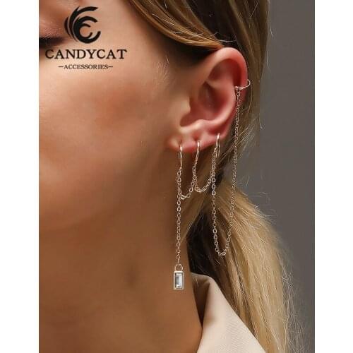 Vintage Long Zircon Earrings Trendy Multi-layer Chain Tassel Clip on Earrings Street Shoot Women Single Ear Bone Clip Jewelry