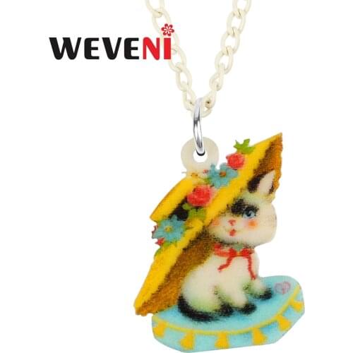 WEVENI Acrylic Sweet Big Straw Hat Cat Kitten Necklace Pendant Fashion Long Chain Unique Jewelry For Women Girls Charms Gifts