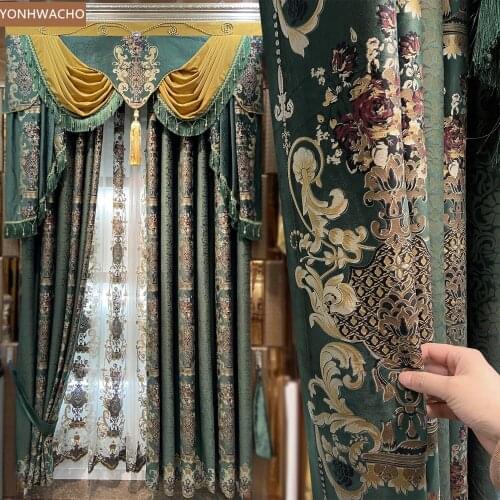 Custom curtain American retro living room green high-class villa velvet cloth blackout curtain valance tulle panel C526