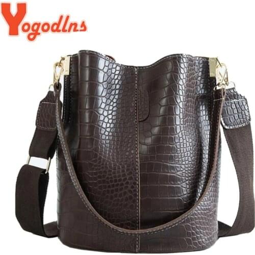 Yogodlns Crocodile Pattern style for Women Pu Leather Shoulder Bags Large Size Bucket Bags Retro Wide Strap Shoulder bag