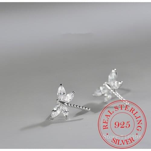925 Sterling Silver Prevent Allergy Crystal Dragonfly Stud Earrings for Women Bridal Wedding Earrings Jewelry Pendientes