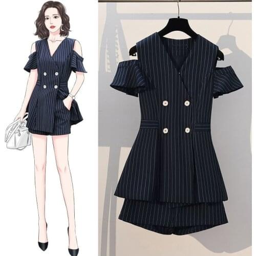 Two Piece Set 2021 Korean Summer Striped Women Summer Casual Womens Double Breasted Blazer Coat Shorts Elegant Work Suits